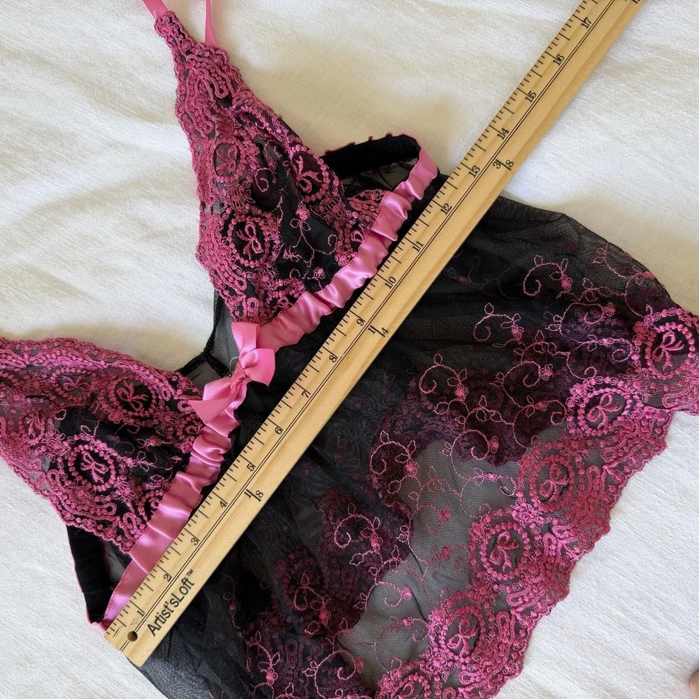 Fredericks of Hollywood Vintage Lingerie Top Sm/Med Pink Black Mesh Babydoll‎